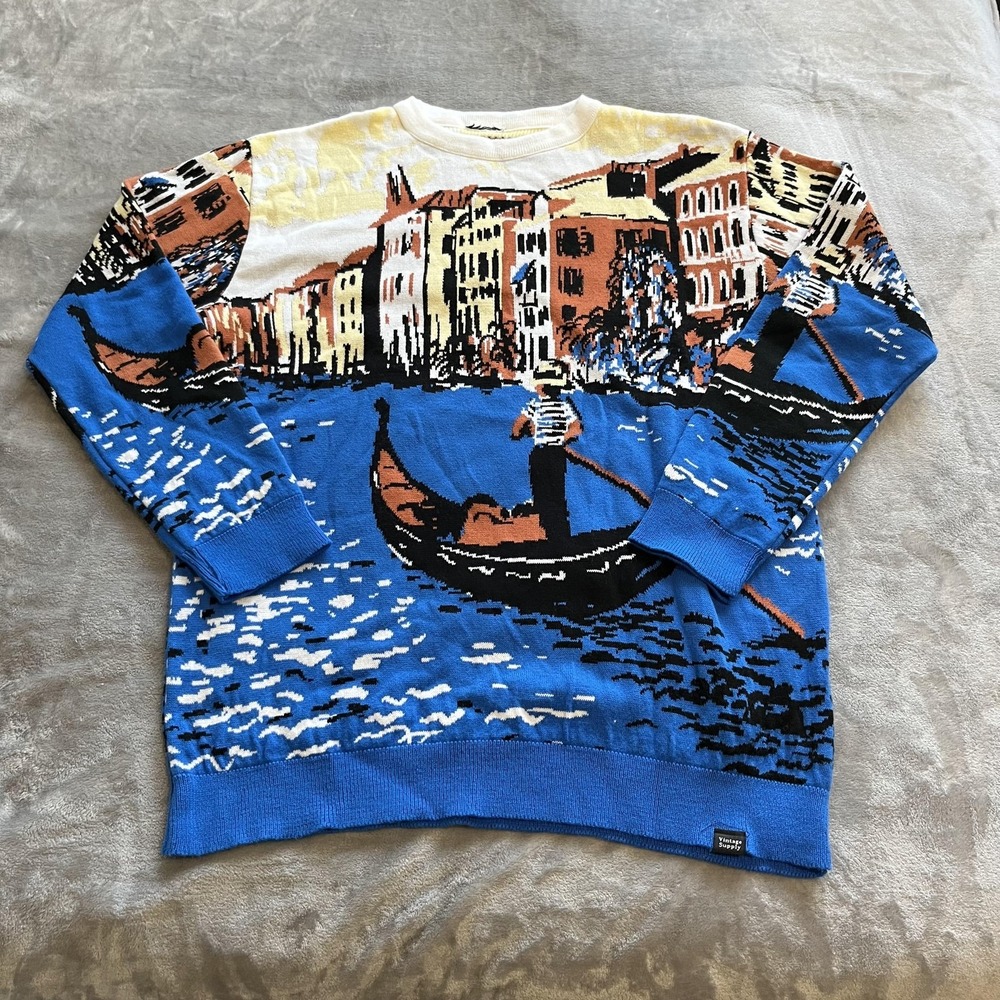 Vintage Supply Sweater Mens Large XL Blue Venice Gondola Graphic‎ Crewneck Knit